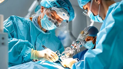 Medical team performing surgery using robotic arm in operating room Blue surgical scrubs sterile environment and medical equipment - Powered by Adobe