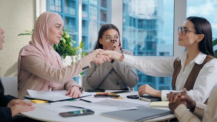 Business deal happiness multiethnic women females diversity team five girls group shocked coworkers...