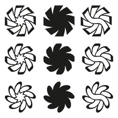 Fototapeta premium Pinwheel swirl icon. Petal rotation shapes. Black white contrast. Vector spiral symbol.