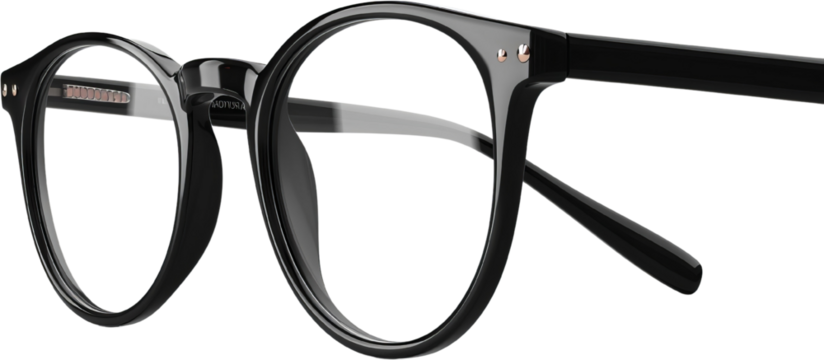 Black rimmed glasses with gold accents closeup studio shot against transparent background