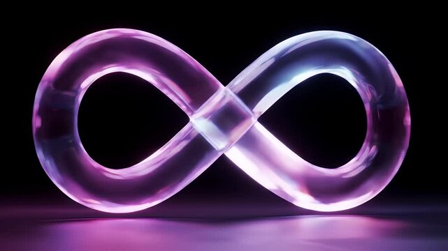 Abstract Infinity Symbol with Luminous Clear Glass in Purple and Pink Colors on Black Background Represents Eternity
