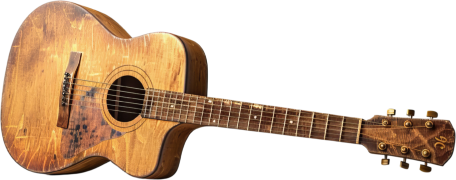 An antique acoustic guitar with a weathered wooden body and neck isolated on transparent background - Powered by Adobe