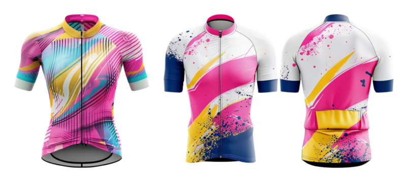 Cyclist jerseys with vibrant abstract designs against a transparent background
