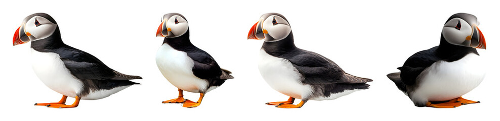 Fototapeta premium Four Atlantic puffins standing and sitting on transparent background