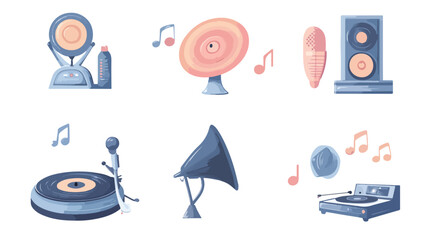 Vintage Retro Gramophone Icons Set with Turntable Vinyl