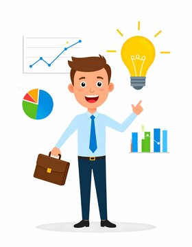 Surprised Young Office Man Pointing at Data with Bright Idea