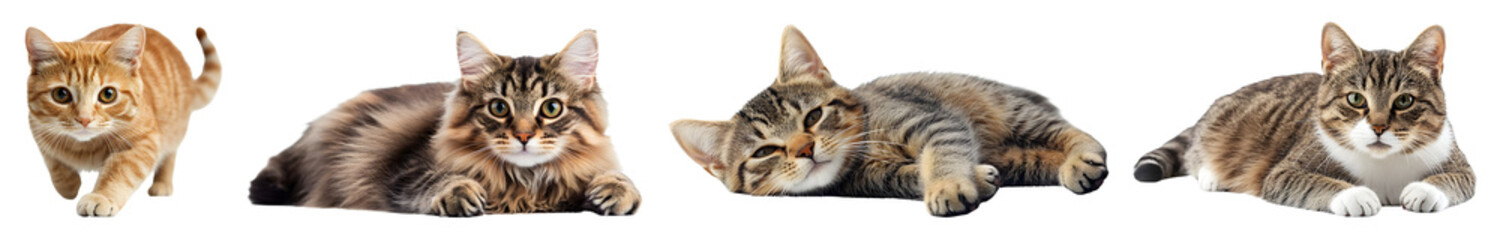 Four cats  on transparent background one orange tabby walking two tabby cats lying down one tabby and white cat lying down
