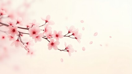 Naklejka premium cherry blossom branch with delicate pink flowers and falling petals against a soft background.