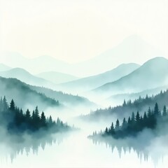 a serene landscape of misty mountains and trees, reflecting on the water's surface. The scene evokes a sense of peace and tranquility