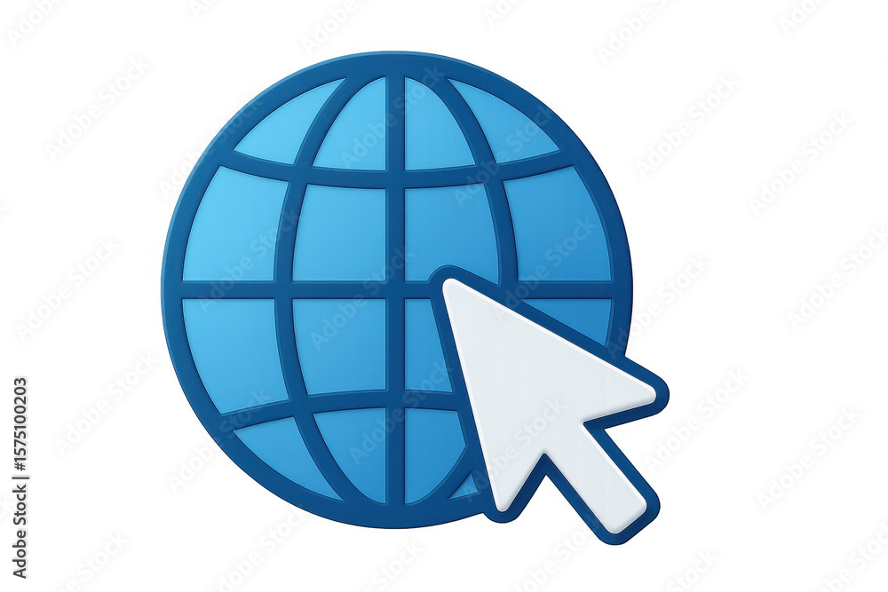 Poster 3d render of a white mouse cursor clicking a blue globe representing internet connectivity, on a tra