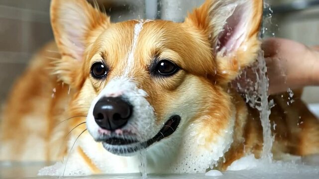 A close-up video shows a corgi dog enjoying a bath being soaped by gentle human hands. The dog's fur is wet and covered in white foam. The scene evokes a sense of care and cleanliness