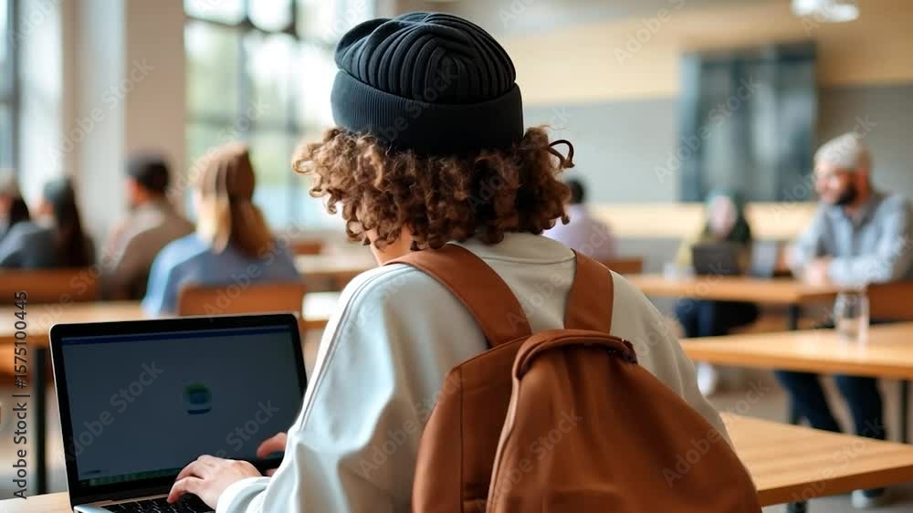 Poster student with backpack uses laptop in classroom setting with wooden tables and blurred background hig