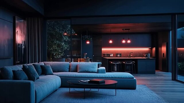 Modern interior design with ambient lighting featuring a living room a kitchen and an outdoor view. Dark color palette with red and blue accents creates a moody and atmospheric scene. Soft focus adds
