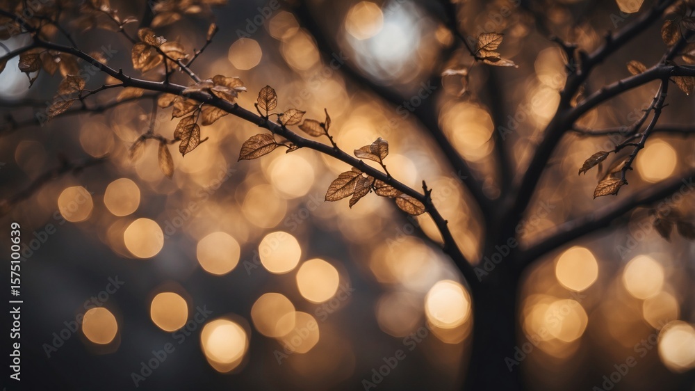 Poster golden bokeh and the tree branches, the bokeh lights create a warm and enchanting atmosphere, evokin