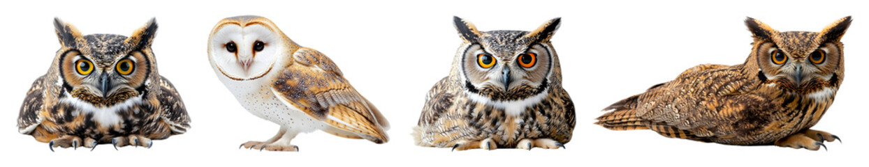 Fototapeta premium Four owls of different species isolated on transparent background