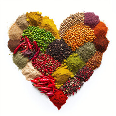 Colorful heart shape made of various spices and herbs for culinary purposes or decoration