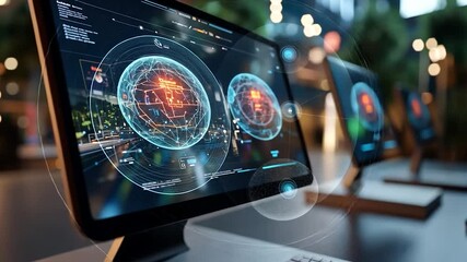 Generic digital screens displaying complex data visualizations with vibrant blue and orange hues against a blurred background creating a modern tech atmosphere - Powered by Adobe