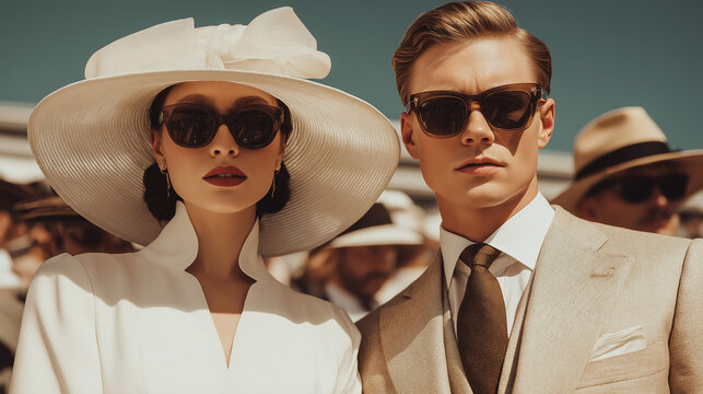 A stylish couple at a horse racing event. The woman is Asian with dark hair, wearing a large white hat and sunglasses. The man is Caucasian with blond hair, dressed in a light suit.