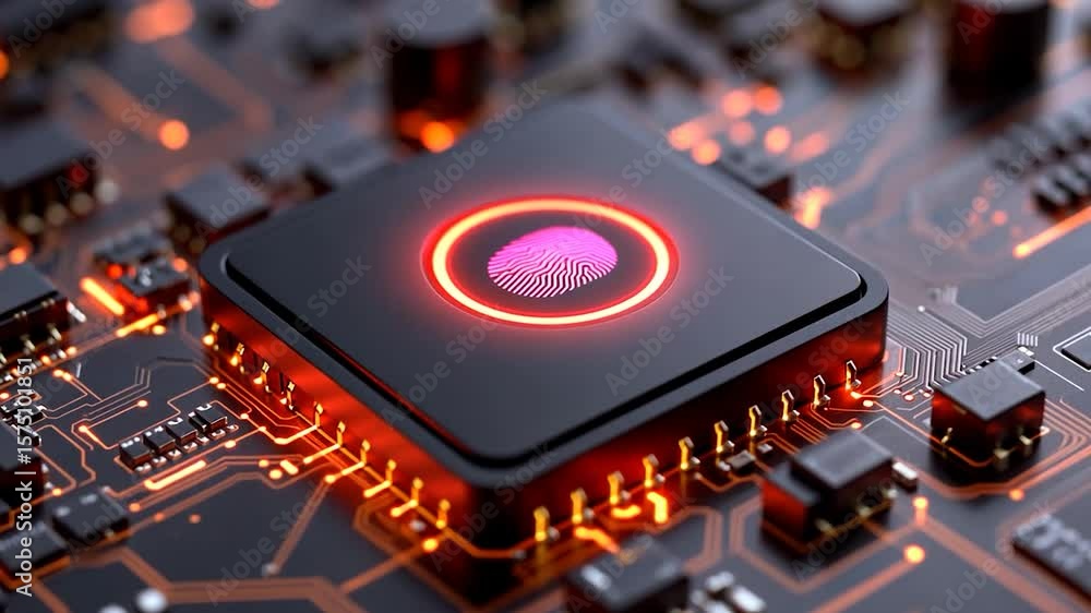 Poster close-up of a circuit board with a glowing fingerprint sensor technology futuristic design and secur