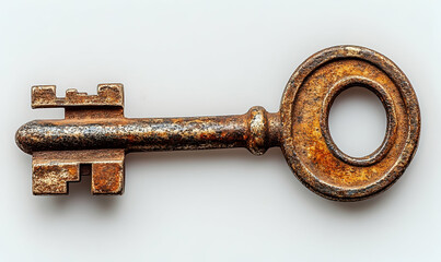 A weathered antique key with intricate detailing lies horizontally on a bright, solid white surface