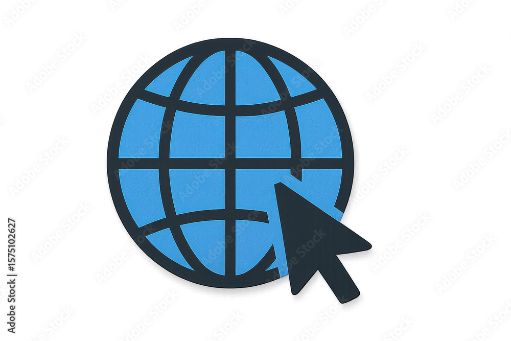 Fototapete mouse cursor clicking a blue globe with black outlines, representing global internet connectivity, o