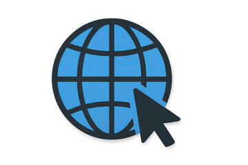 Mouse cursor clicking a blue globe with black outlines, representing global internet connectivity, on a transparent background