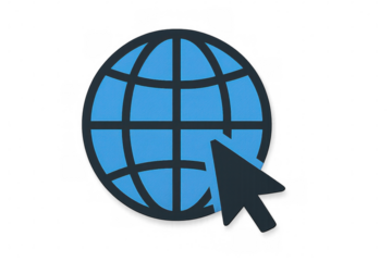 Mouse cursor clicking a blue globe with black outlines, representing global internet connectivity, on a transparent background