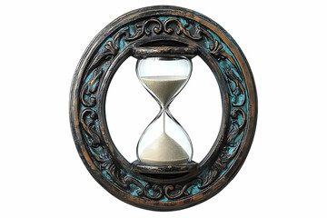 Hourglass with sand flowing, encased in ornate circular frame, against a stark white background