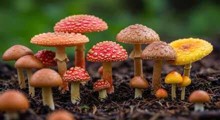 Enchanting forest floor dotted with vibrant amanita mushrooms thriving in their natural habitat