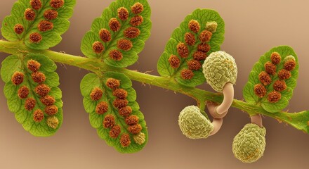 Extreme close-up fern frond featuring mature sporangia and developing spores demonstrating plant