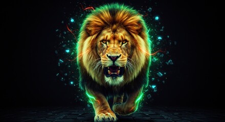 Lion's Roar: A Digital Portrait of Majesty with Energy Flow Emanations and Shattered Fragments