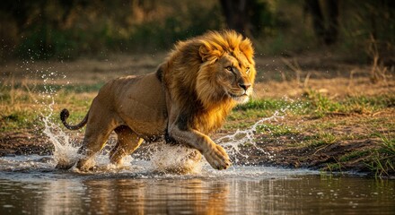 Magnificent male lion captured mid-stride across a tranquil African waterhole reflecting nature's
