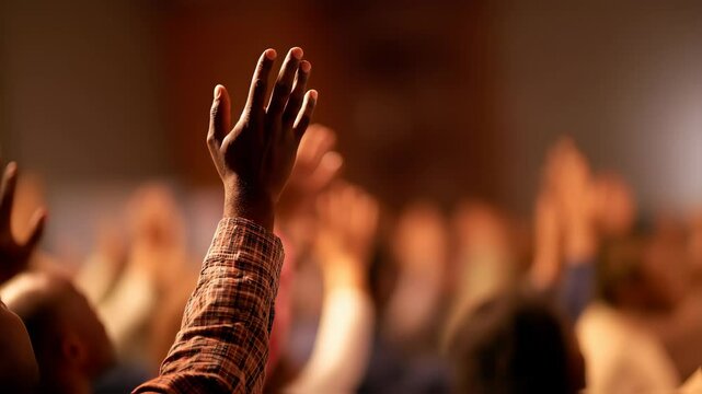 Congregation with raised hands in soft focus Christian worship service setting 4K Seamless loop animation