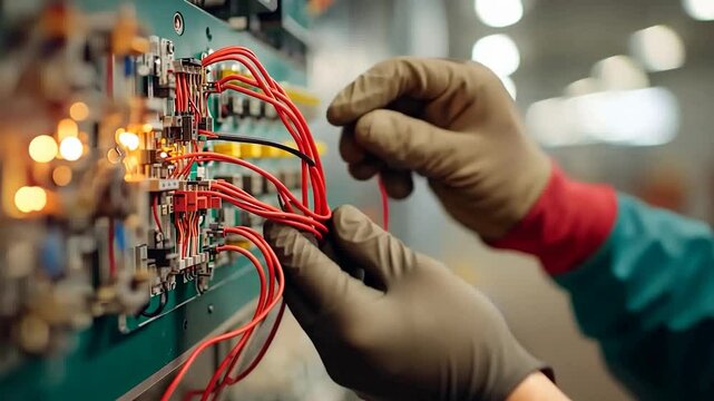 Close-up of an electrician working on an circuit board. The video shows hands wearing gloves and wires of different colors and other components
