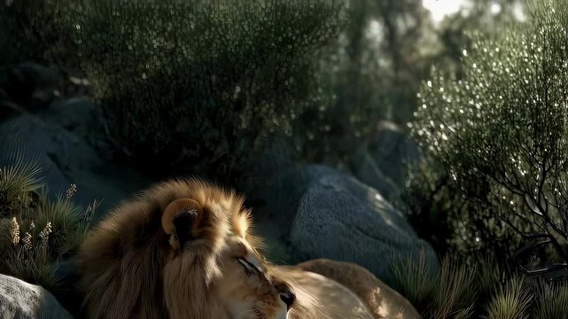 Lion and lamb resting peacefully together in biblical paradise setting symbolizing Christ's return 4K Seamless loop animation