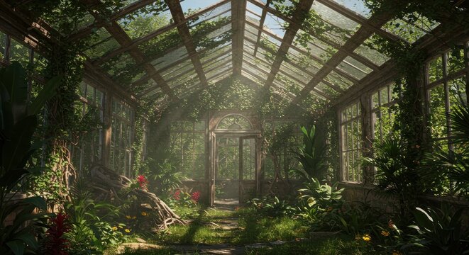 Lush interior of an old greenhouse overflowing with plant life and sunlight streaming through the