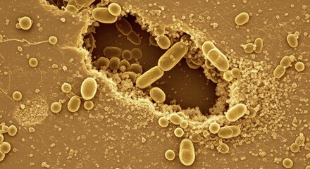 Microscopic lifeforms colonizing substrate surface revealing detailed microbial activity