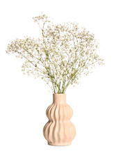 Beige vase with gypsophila flowers isolated on white background
