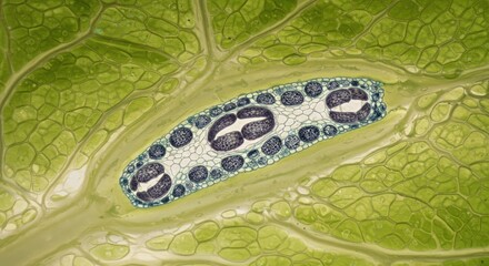 Microscopic view showcasing a leaf structure with intricate cellular details for education and