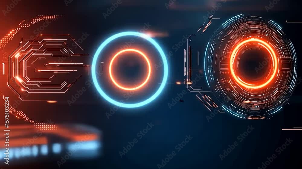 Poster dynamic digital abstract animation featuring glowing orange and blue circular shapes intricate geome