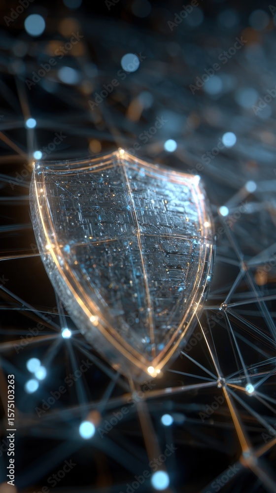 Poster 3d rendition of a digital shield with a holographic effect integrated into a network grid. visualize