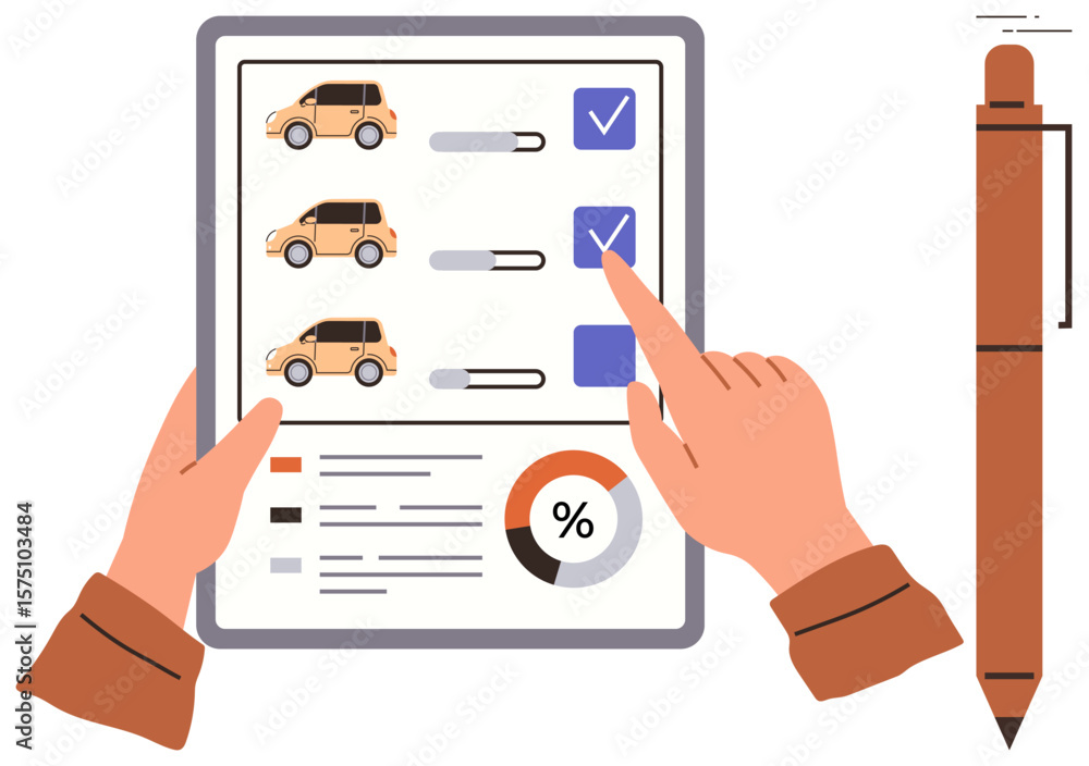Aufkleber hands using a tablet to select car options, complete checkboxes, and analyze data with percentage ch