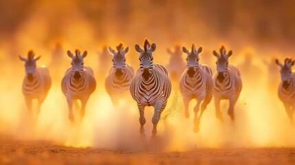 Zebras racing across the sunlit savanna, dust rising in a burst of natural energy.