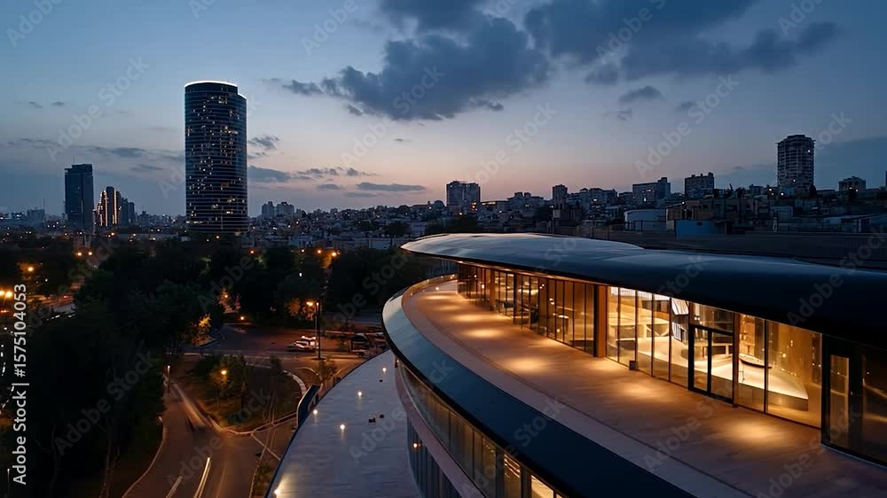 Poster aerial view of a modern building with illuminated windows overlooking a city skyline at dusk. trees 