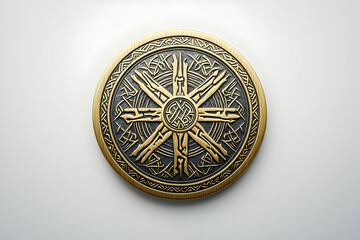 Ornate coin-like object with geometric patterns and radial symmetry, resting on a white surface