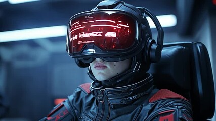 Close-up of a person wearing a futuristic VR headset displaying red data while seated in a high-tech cockpit environment with a blue ambient light setting - Powered by Adobe