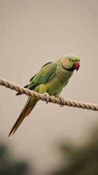 Close-up portrait of an inquisitive rose-ringed parakeet, also known as the ring-necked parakeet, perched attentively on a sturdy rope, showcasing its bright plumage and vibrant red beak .