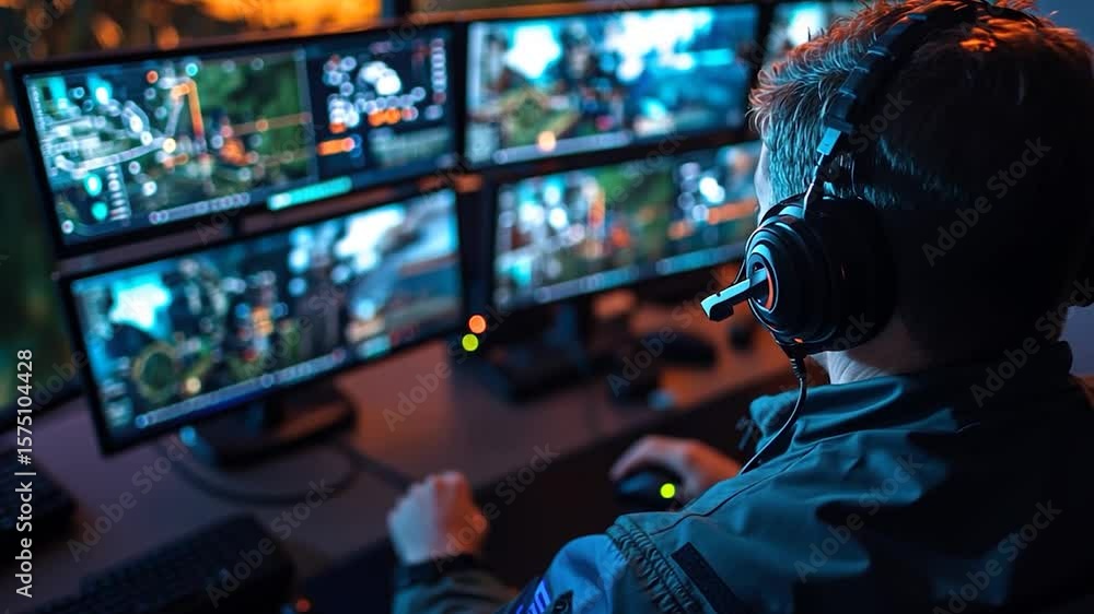 Poster person wearing a headset in front of multiple computer screens with game footage displayed focused o