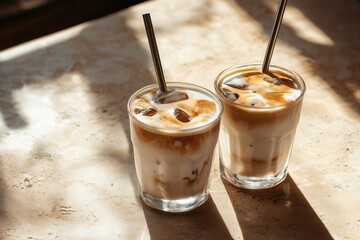 Refreshing iced coffees with metal straws on a sunlit table, perfect for a warm day. Enjoy a chilled beverage in style.