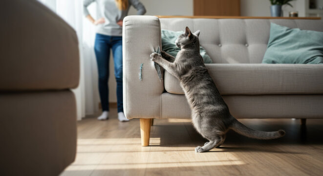 Domestic Russian Blue cat sharpening claws on soft furniture with blurred owner in background